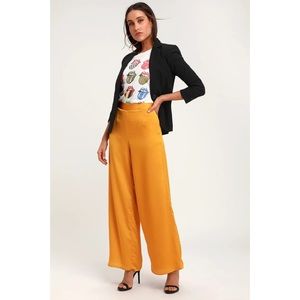 Sleek Stride Golden Yellow Satin Wide-Leg Pants